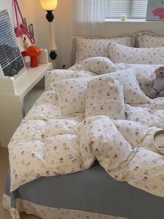 91家纺网 家纺一手货源 找家纺 梦莱斯 2025新款韩国小布袋古法云感棉四件套 宠物乐园