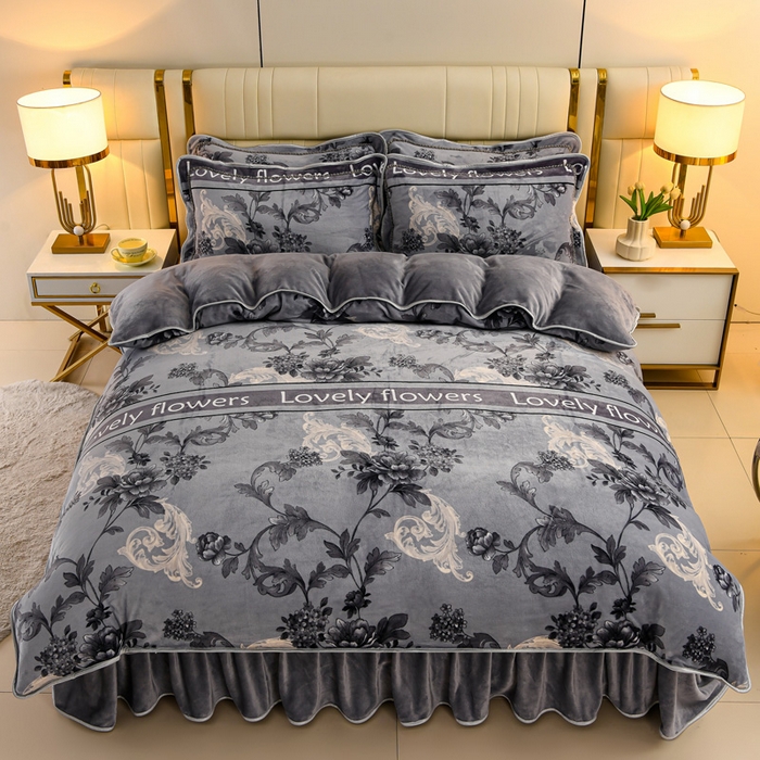 91家纺网 家纺一手货源 找家纺 沐妍家纺 2025新款8斤加厚保暖金貂绒牛奶绒印花四件套 莫兰迪