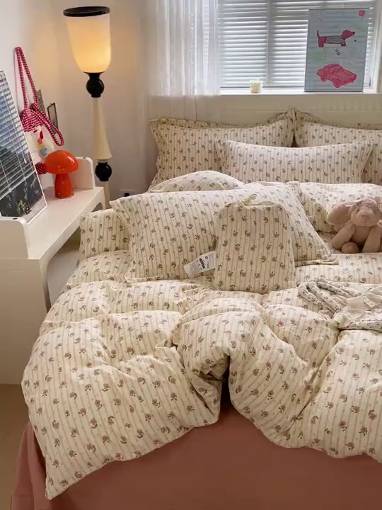 91家纺网 家纺一手货源 找家纺 梦莱斯 2025新款韩国小布袋古法云感棉四件套 小花园