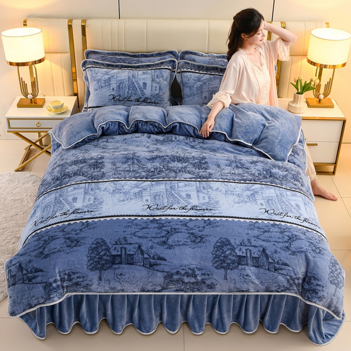 91家纺网 家纺一手货源 找家纺 沐妍家纺 2025新款8斤加厚保暖金貂绒牛奶绒印花四件套 水墨年华