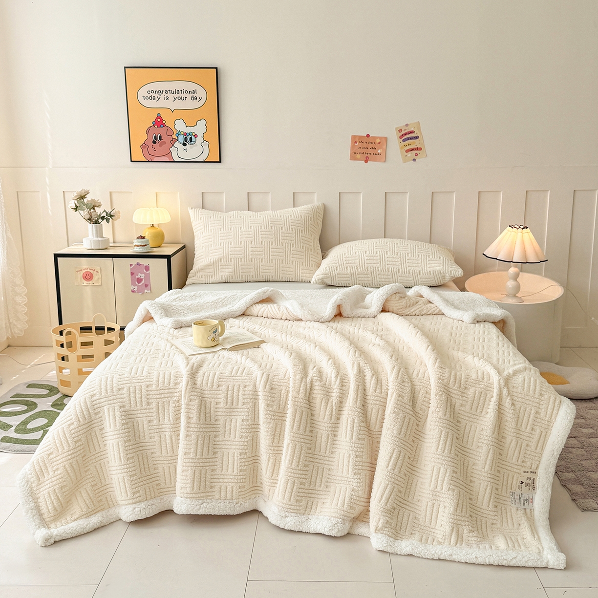 91家纺网 家纺一手货源 找家纺 牛魔王家居 2025新款华夫格提花双面绒毛毯羊羔绒毯子外贸跨境专供 毛毯 绒毯系列-奶白