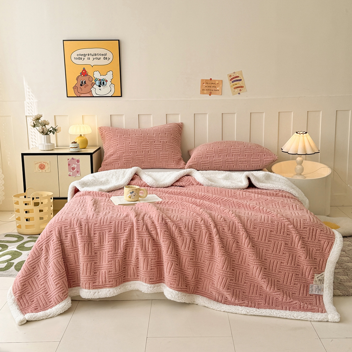 91家纺网 家纺一手货源 找家纺 牛魔王家居 2025新款华夫格提花双面绒毛毯羊羔绒毯子外贸跨境专供 毛毯 绒毯系列-豆沙红