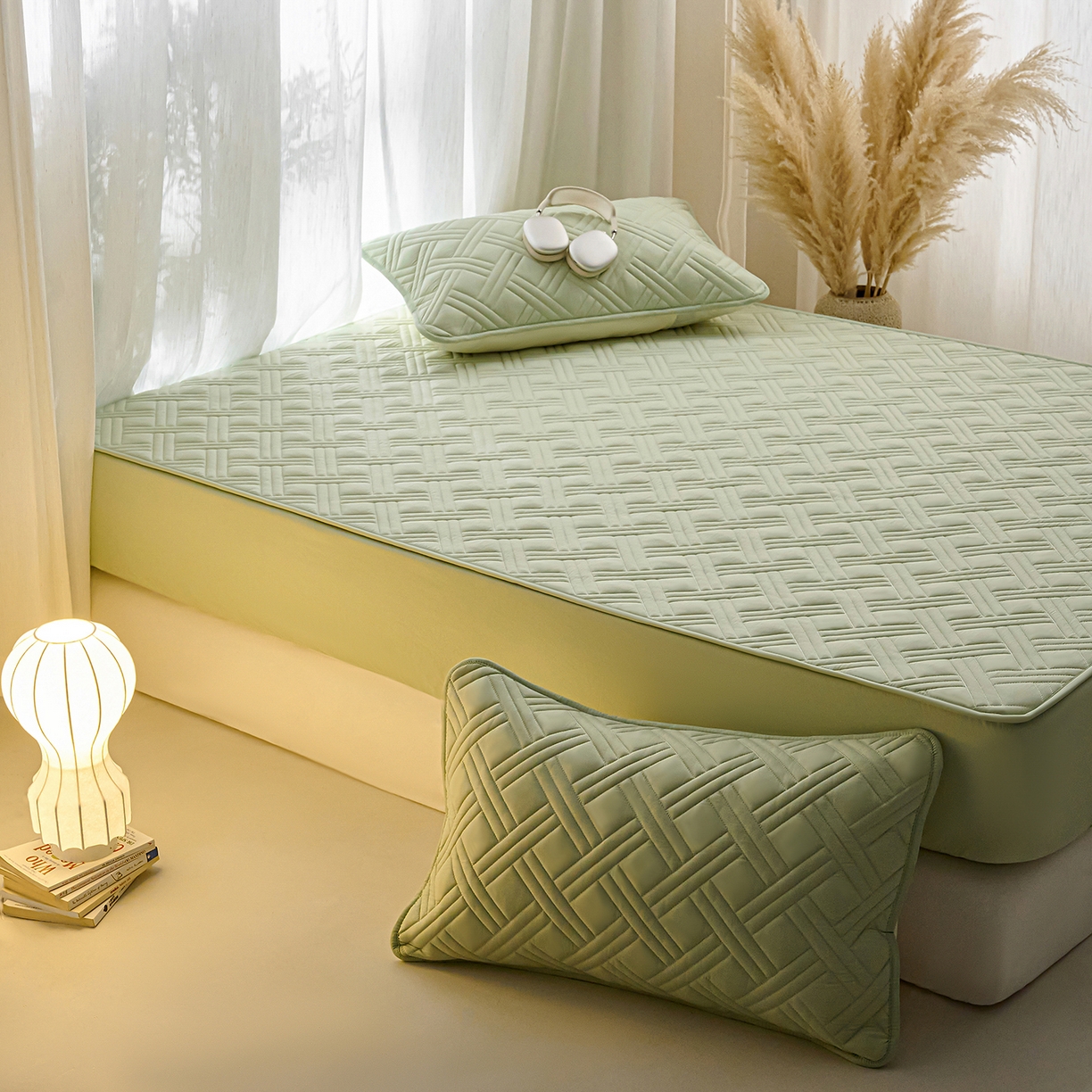 91家纺网 家纺一手货源 找家纺 小叮当家纺仓储工厂店 2025新款A类原棉大豆防水床笠单品床笠单件单床笠隔尿夹棉床笠床垫保护罩外贸跨境 迷宫-草绿