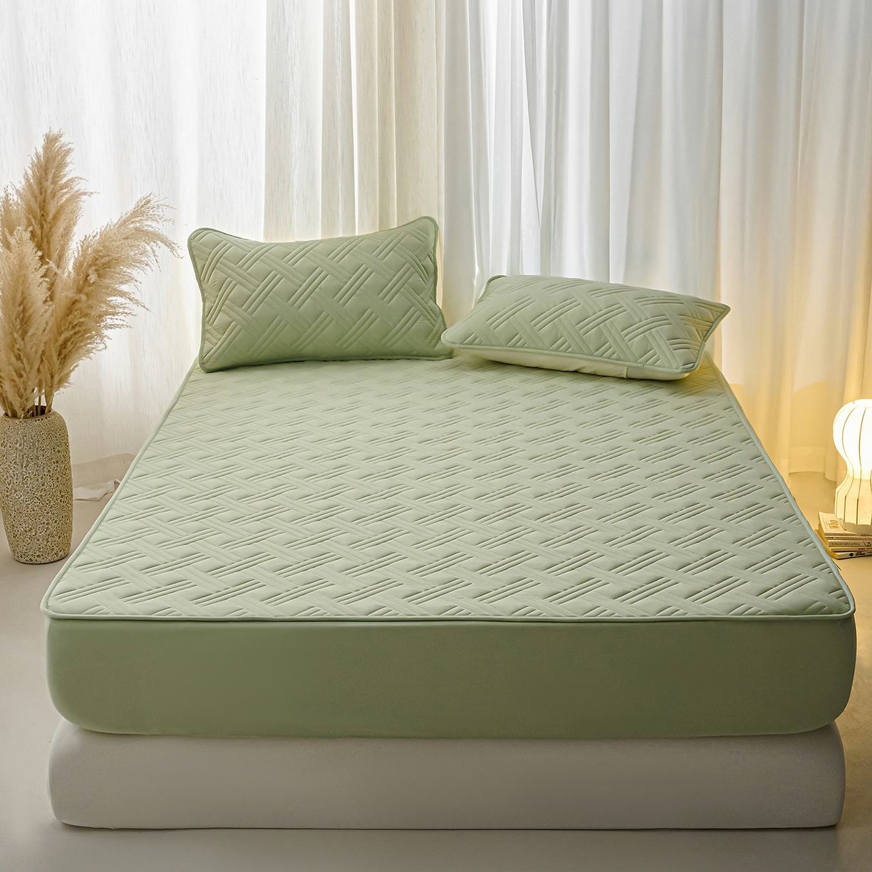 91家纺网 家纺一手货源 找家纺 小叮当家纺仓储工厂店 2025新款A类原棉大豆防水床笠单品床笠单件单床笠隔尿夹棉床笠床垫保护罩外贸跨境 迷宫-草绿