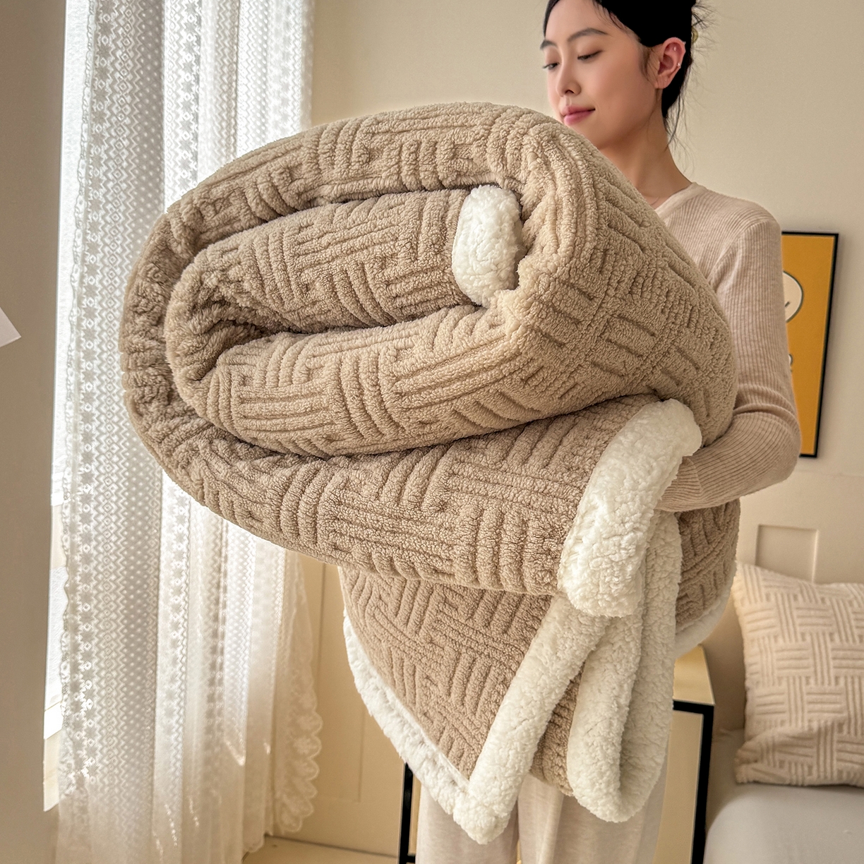 91家纺网 家纺一手货源 找家纺 牛魔王家居 2025新款华夫格提花双面绒毛毯羊羔绒毯子外贸跨境专供 毛毯 绒毯系列-卡其色