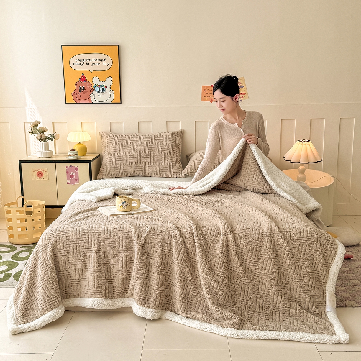 91家纺网 家纺一手货源 找家纺 （总）牛魔王家居 2025新款华夫格提花双面绒毛毯羊羔绒毯子外贸跨境专供 毛毯