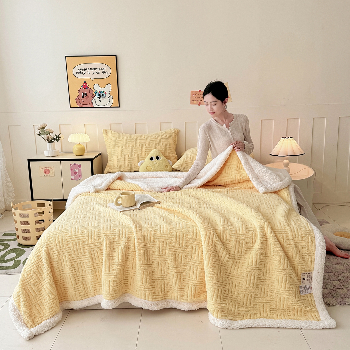 牛魔王家居 2025新款华夫格提花双面绒毛毯羊羔绒毯子外贸跨境专供 毛毯 绒毯系列-米黄