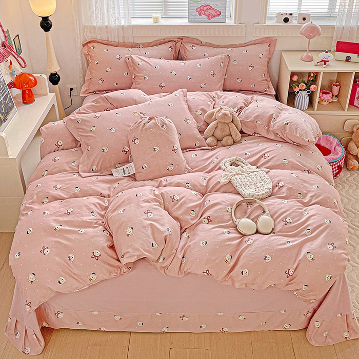 梦莱斯 2025新款韩国小布袋古法云感棉四件套 心心动物园粉