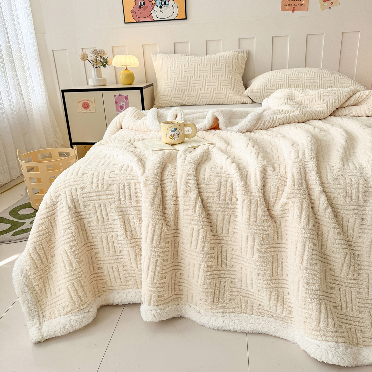 91家纺网 家纺一手货源 找家纺 牛魔王家居 2025新款华夫格提花双面绒毛毯羊羔绒毯子外贸跨境专供 毛毯 绒毯系列-奶白