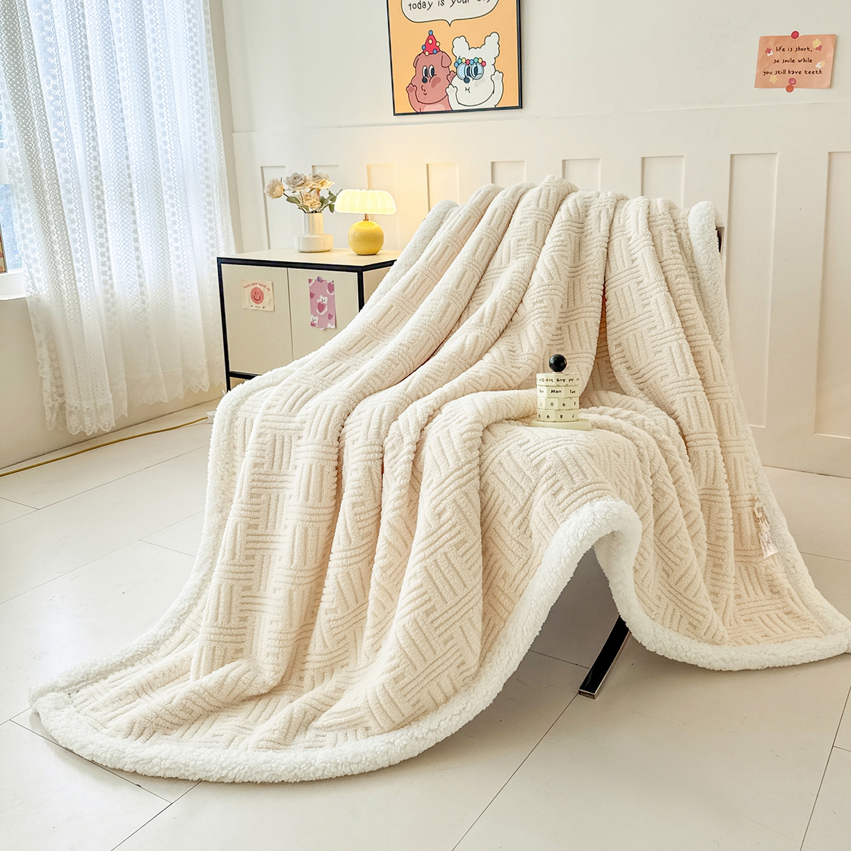 91家纺网 家纺一手货源 找家纺 牛魔王家居 2025新款华夫格提花双面绒毛毯羊羔绒毯子外贸跨境专供 毛毯 绒毯系列-奶白