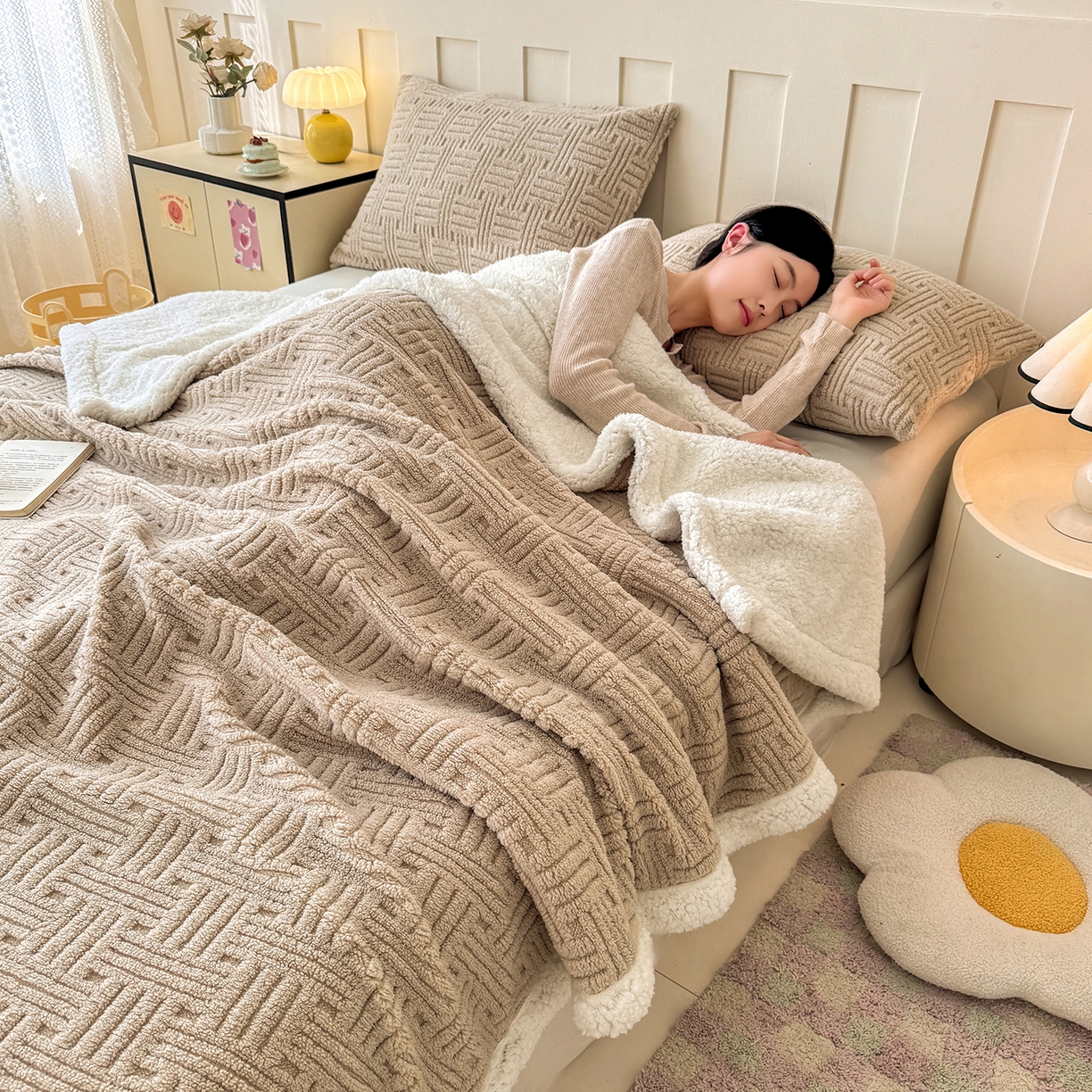 91家纺网 家纺一手货源 找家纺 牛魔王家居 2025新款华夫格提花双面绒毛毯羊羔绒毯子外贸跨境专供 毛毯 绒毯系列-卡其色