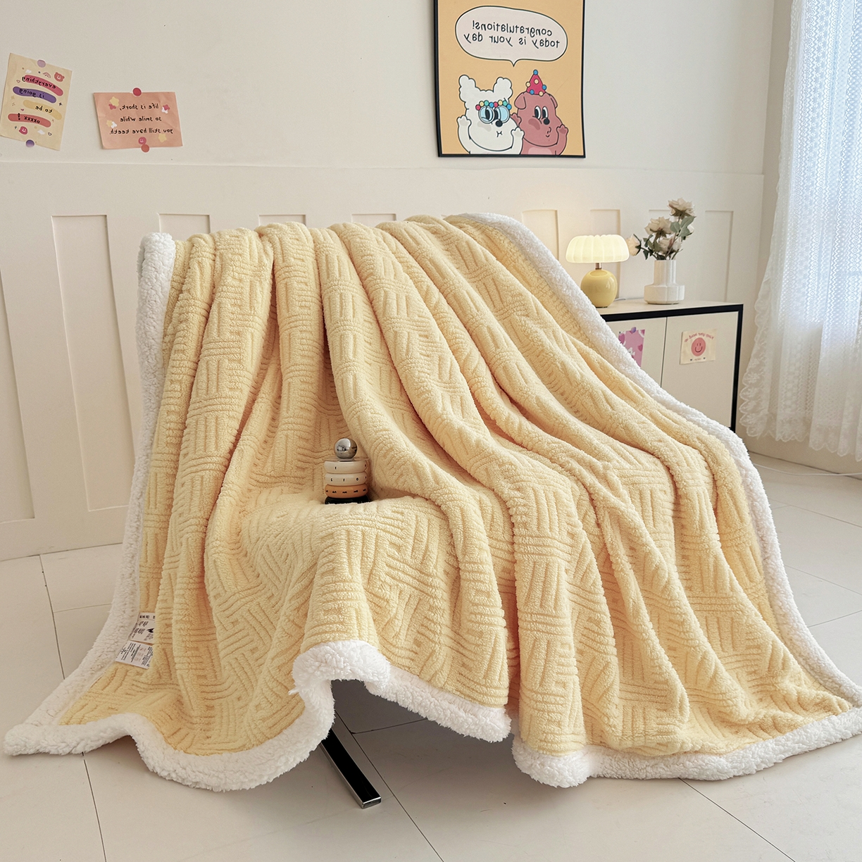 91家纺网 家纺一手货源 找家纺 牛魔王家居 2025新款华夫格提花双面绒毛毯羊羔绒毯子外贸跨境专供 毛毯 绒毯系列-米黄