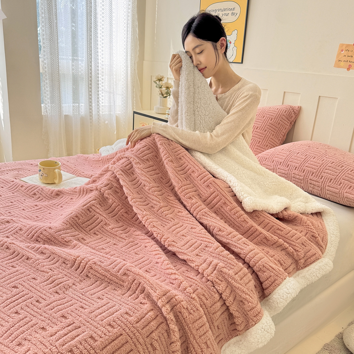 91家纺网 家纺一手货源 找家纺 牛魔王家居 2025新款华夫格提花双面绒毛毯羊羔绒毯子外贸跨境专供 毛毯 绒毯系列-豆沙红