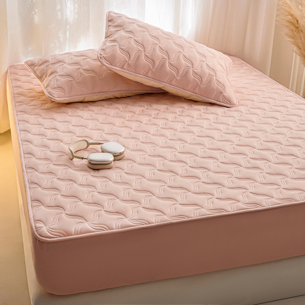 91家纺网 家纺一手货源 找家纺 小叮当家纺仓储工厂店 2025新款A类原棉大豆防水床笠单品床笠单件单床笠隔尿夹棉床笠床垫保护罩外贸跨境 爱恋-玉粉