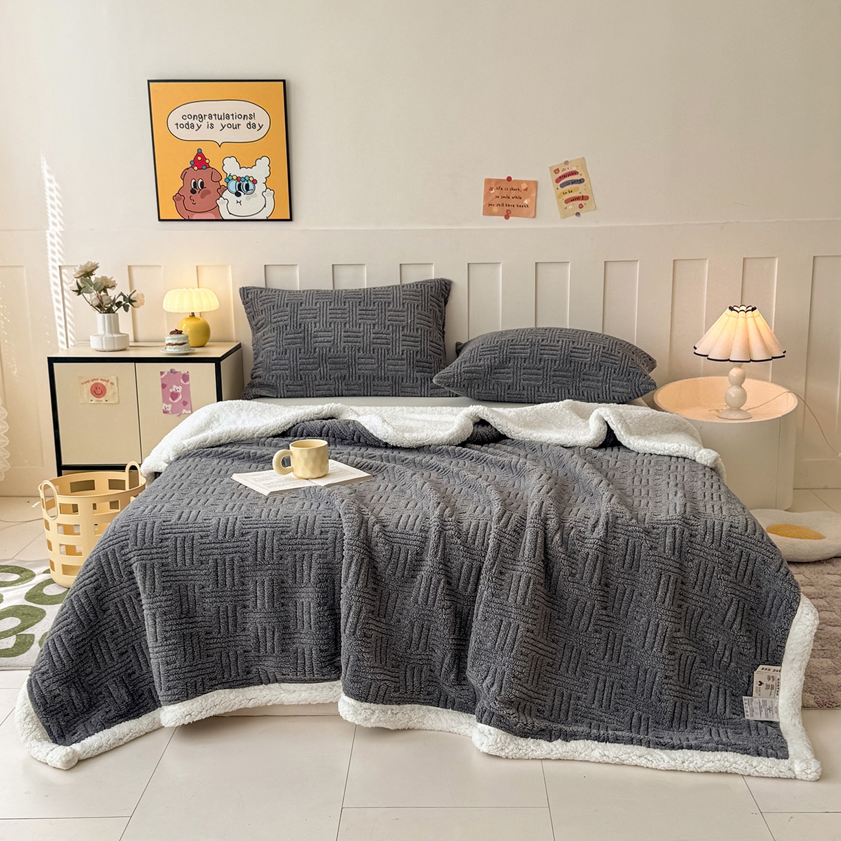 91家纺网 家纺一手货源 找家纺 牛魔王家居 2025新款华夫格提花双面绒毛毯羊羔绒毯子外贸跨境专供 毛毯 绒毯系列-炭灰