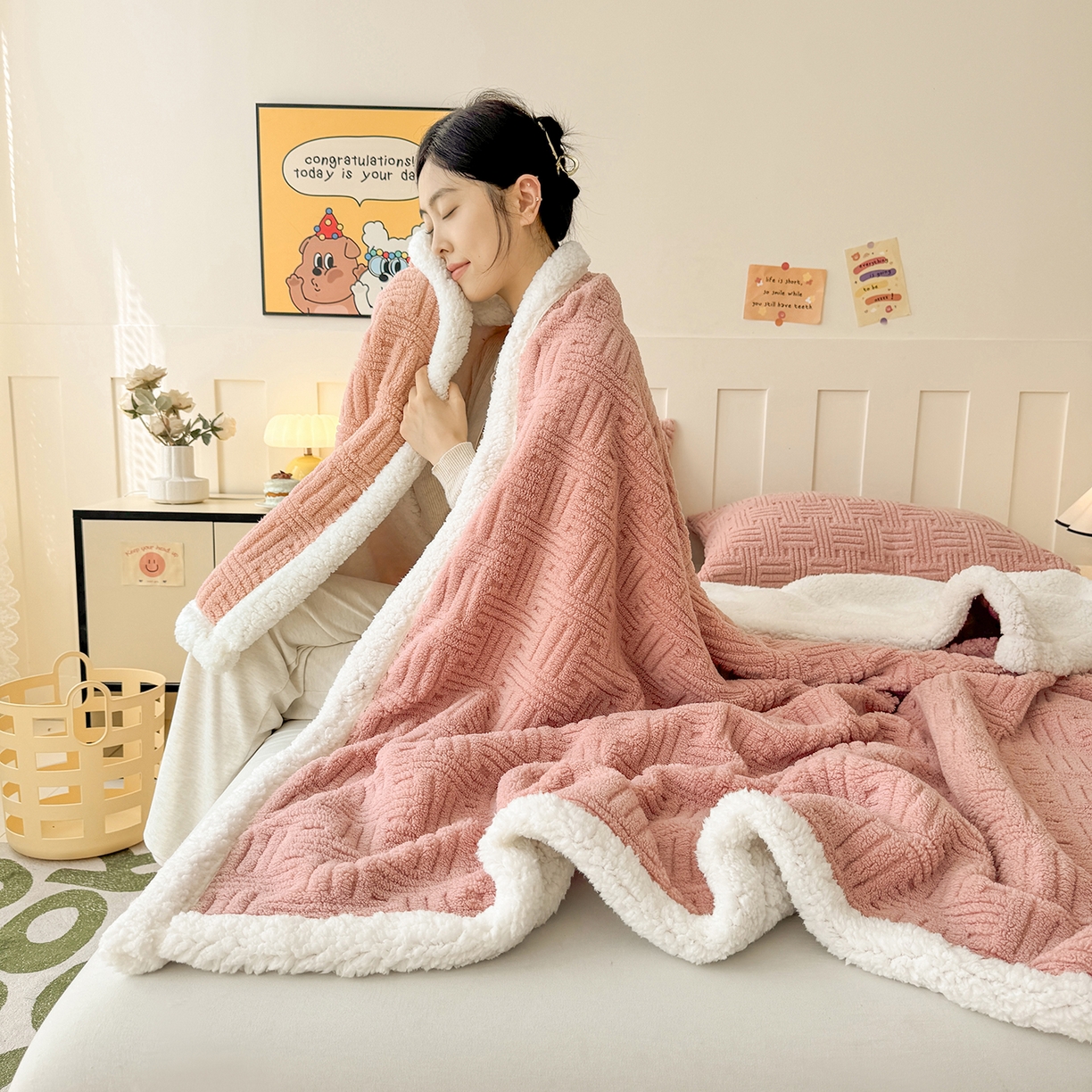 91家纺网 家纺一手货源 找家纺 （总）牛魔王家居 2025新款华夫格提花双面绒毛毯羊羔绒毯子外贸跨境专供 毛毯