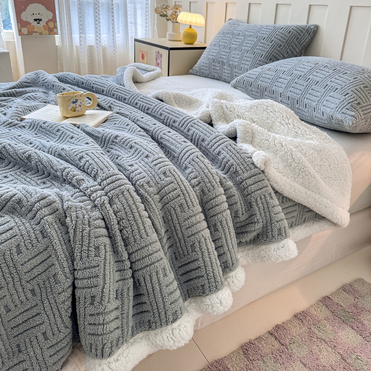 91家纺网 家纺一手货源 找家纺 牛魔王家居 2025新款华夫格提花双面绒毛毯羊羔绒毯子外贸跨境专供 毛毯 绒毯系列-雾霾灰