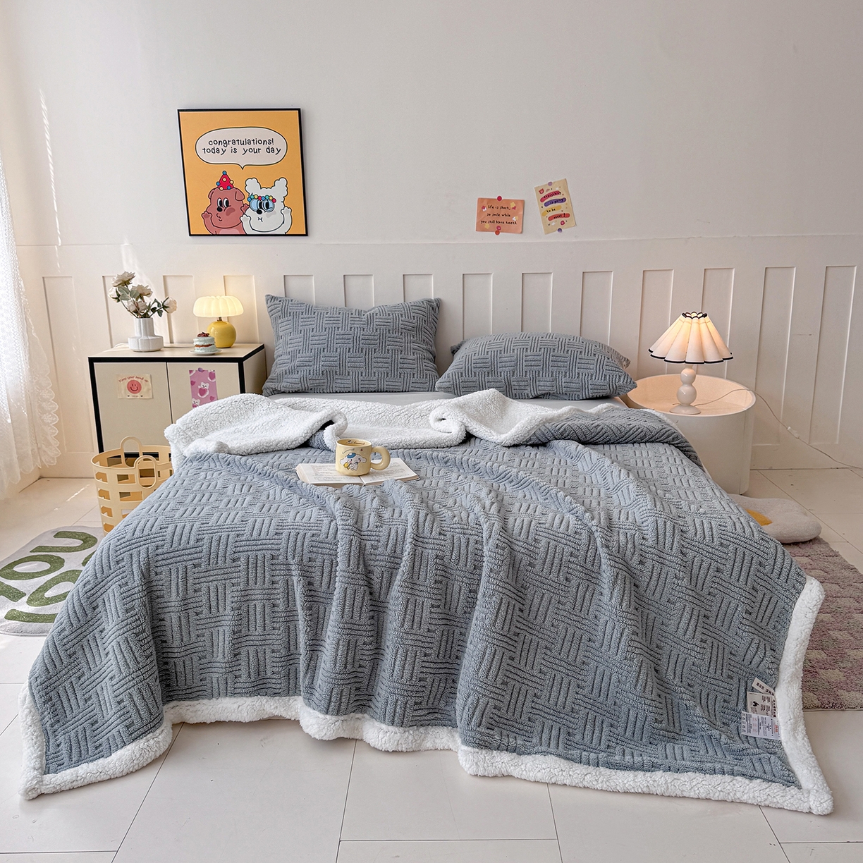 91家纺网 家纺一手货源 找家纺 牛魔王家居 2025新款华夫格提花双面绒毛毯羊羔绒毯子外贸跨境专供 毛毯 绒毯系列-冷灰