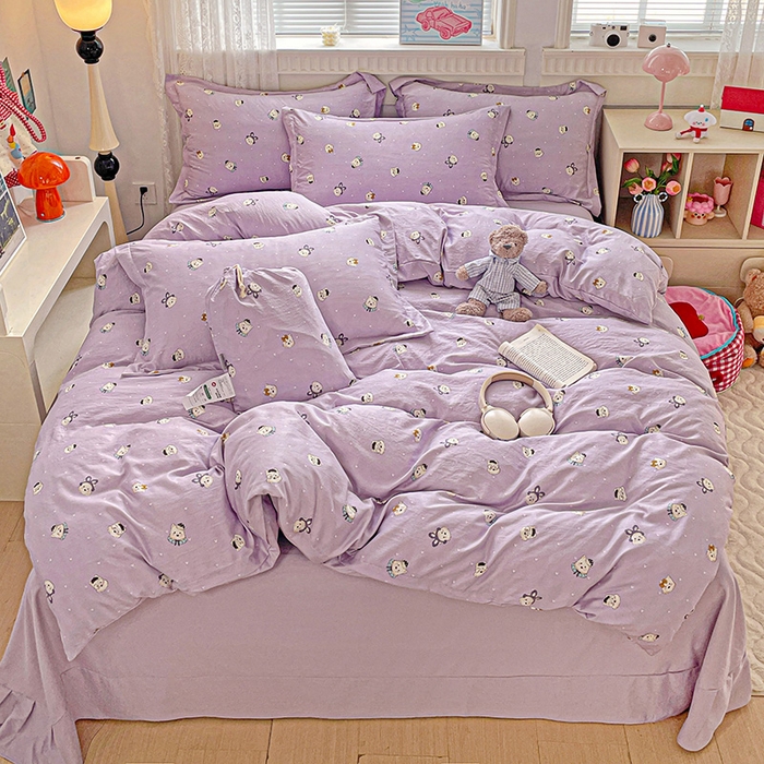 梦莱斯 2025新款韩国小布袋古法云感棉四件套 心心动物园紫