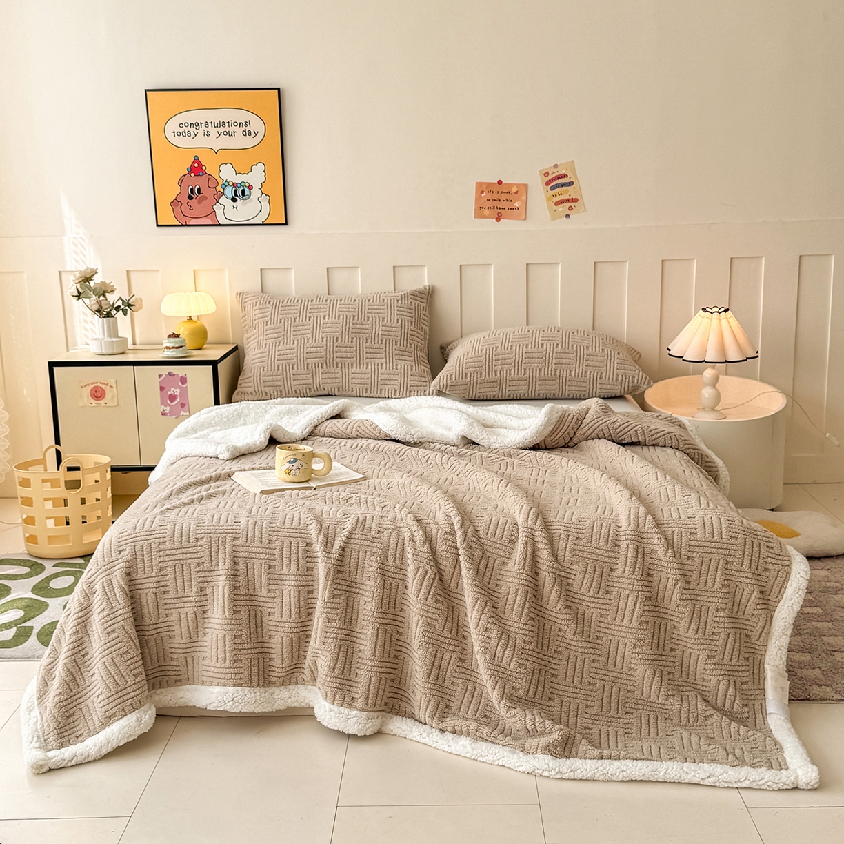 91家纺网 家纺一手货源 找家纺 牛魔王家居 2025新款华夫格提花双面绒毛毯羊羔绒毯子外贸跨境专供 毛毯 绒毯系列-卡其色