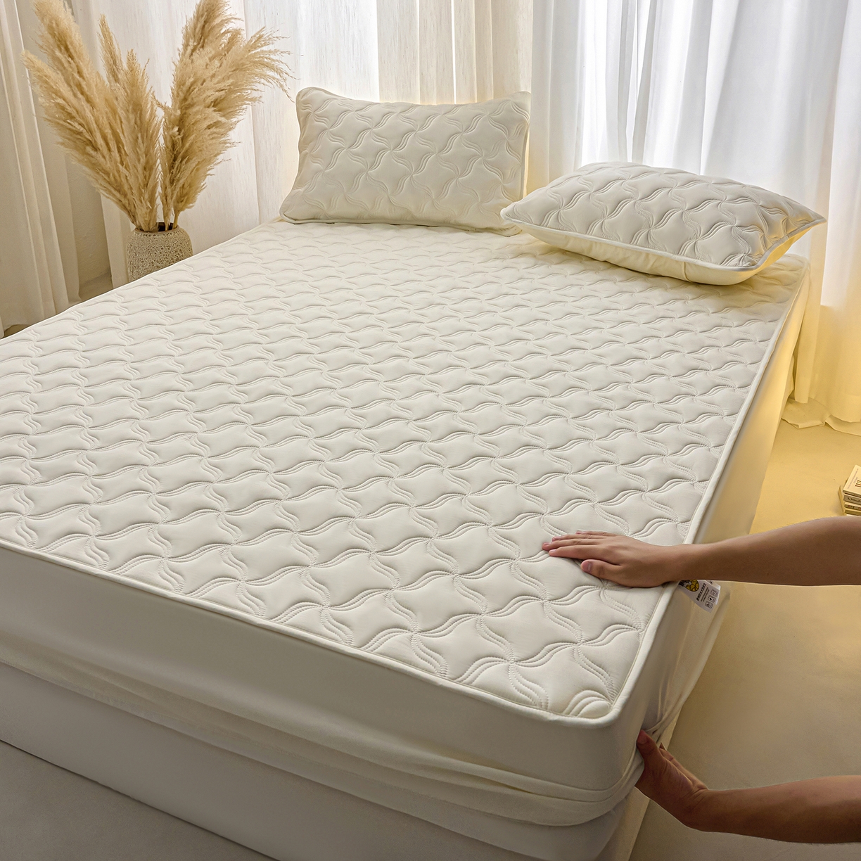 91家纺网 家纺一手货源 找家纺 小叮当家纺仓储工厂店 2025新款A类原棉大豆防水床笠单品床笠单件单床笠隔尿夹棉床笠床垫保护罩外贸跨境 爱恋-米白