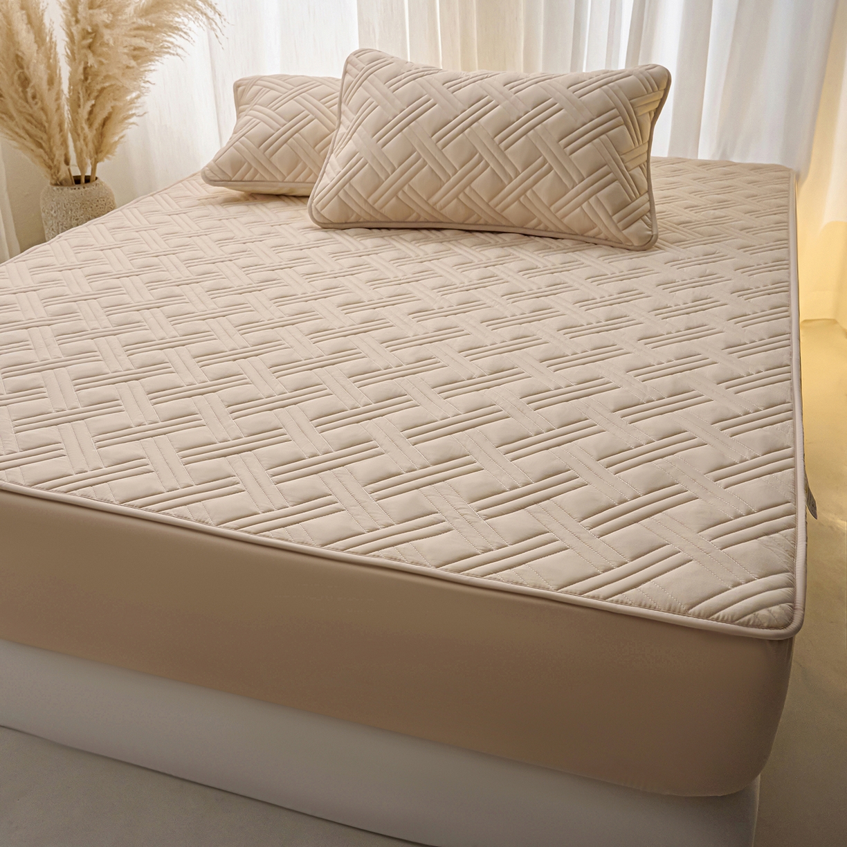 91家纺网 家纺一手货源 找家纺 小叮当家纺仓储工厂店 2025新款A类原棉大豆防水床笠单品床笠单件单床笠隔尿夹棉床笠床垫保护罩外贸跨境 迷宫-卡其