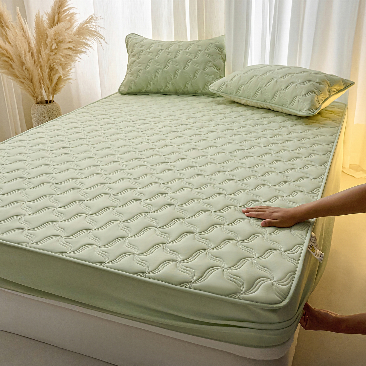 91家纺网 家纺一手货源 找家纺 小叮当家纺仓储工厂店 2025新款A类原棉大豆防水床笠单品床笠单件单床笠隔尿夹棉床笠床垫保护罩外贸跨境 爱恋-草绿