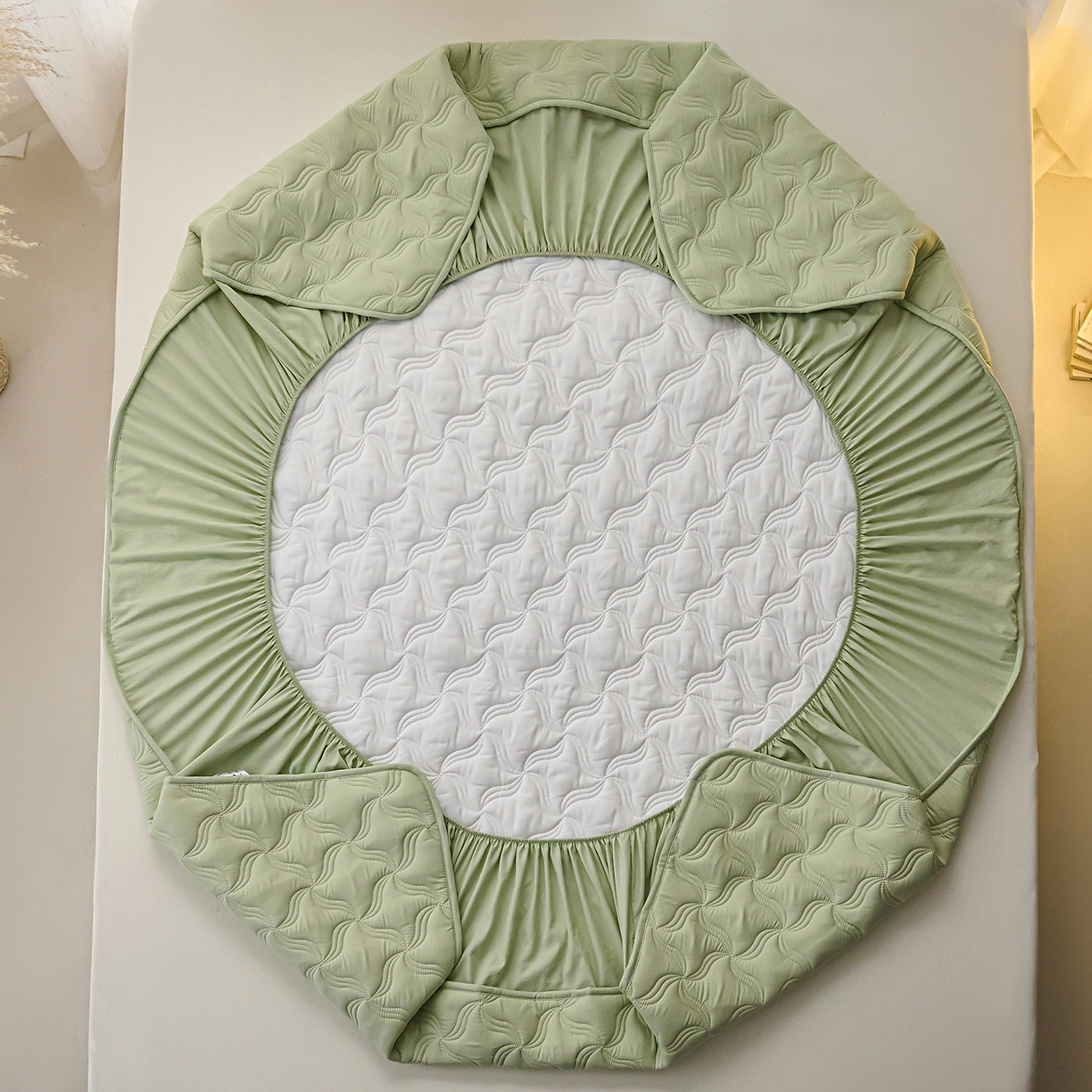 91家纺网 家纺一手货源 找家纺 小叮当家纺仓储工厂店 2025新款A类原棉大豆防水床笠单品床笠单件单床笠隔尿夹棉床笠床垫保护罩外贸跨境 爱恋-草绿