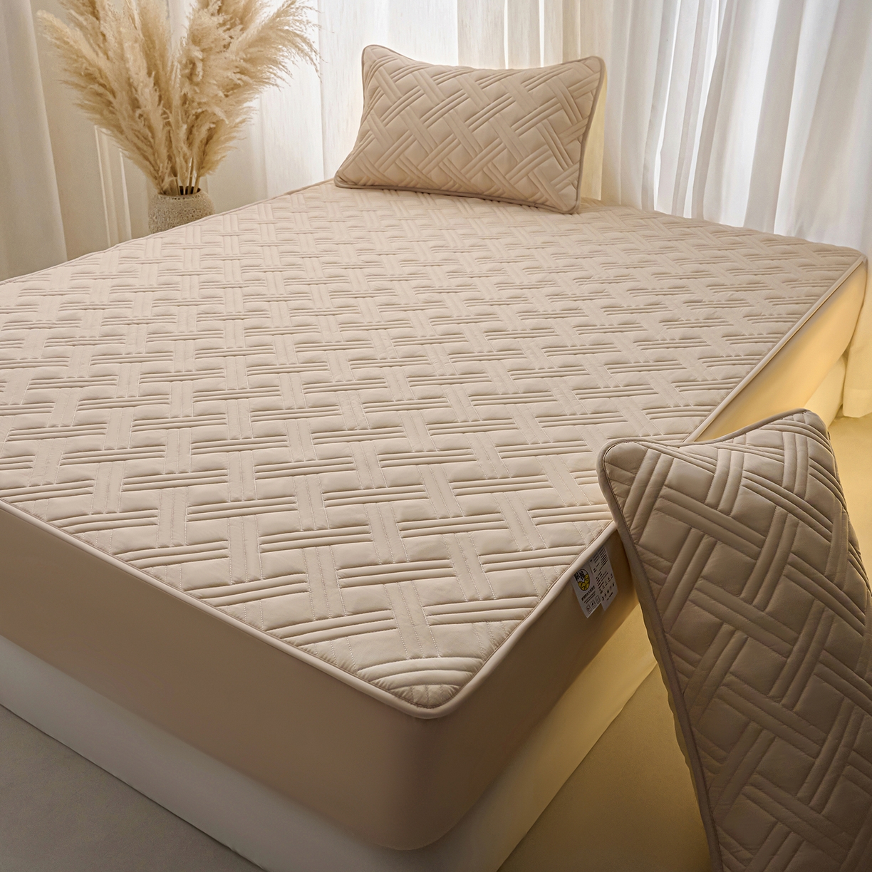 91家纺网 家纺一手货源 找家纺 小叮当家纺仓储工厂店 2025新款A类原棉大豆防水床笠单品床笠单件单床笠隔尿夹棉床笠床垫保护罩外贸跨境 迷宫-卡其