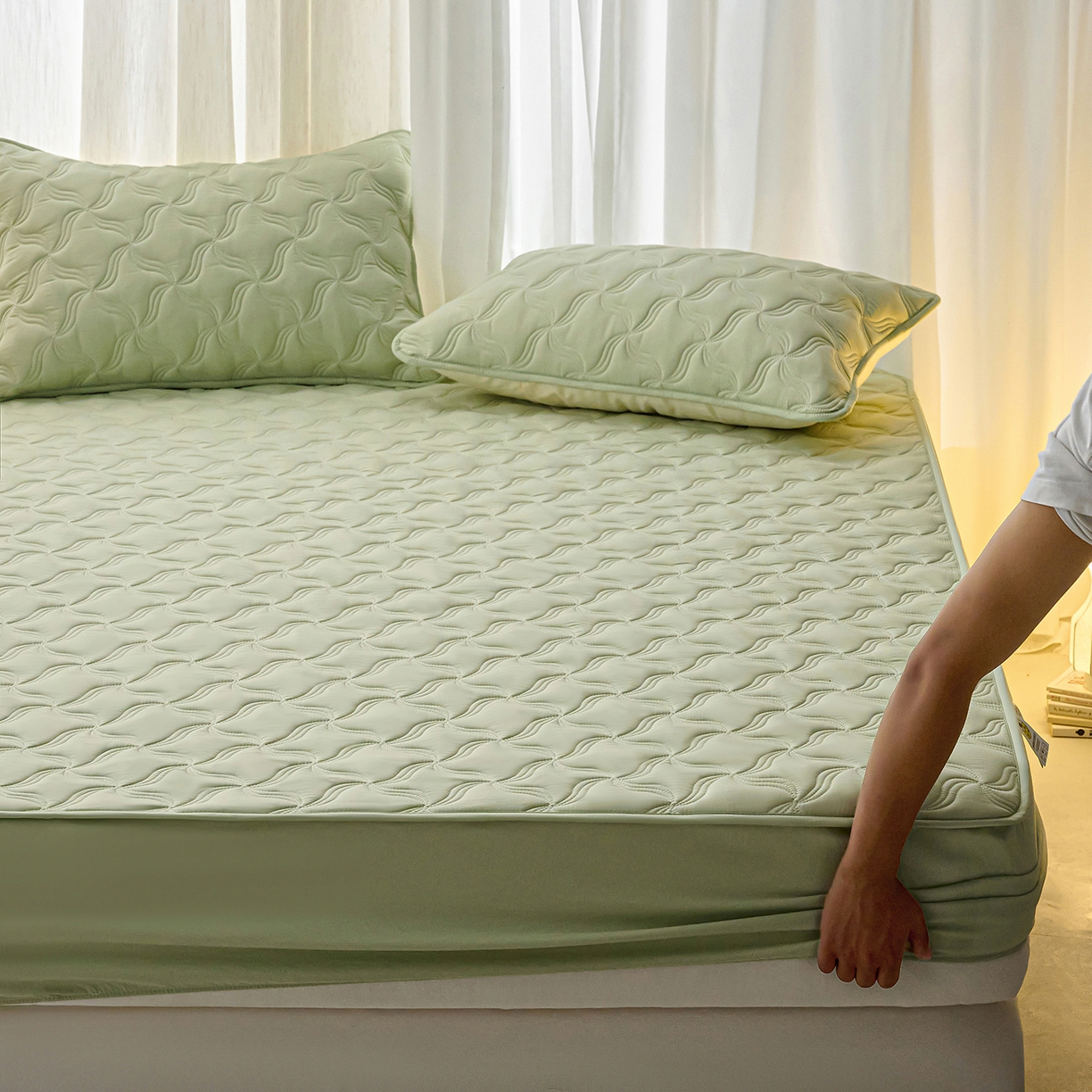 91家纺网 家纺一手货源 找家纺 小叮当家纺仓储工厂店 2025新款A类原棉大豆防水床笠单品床笠单件单床笠隔尿夹棉床笠床垫保护罩外贸跨境 爱恋-草绿