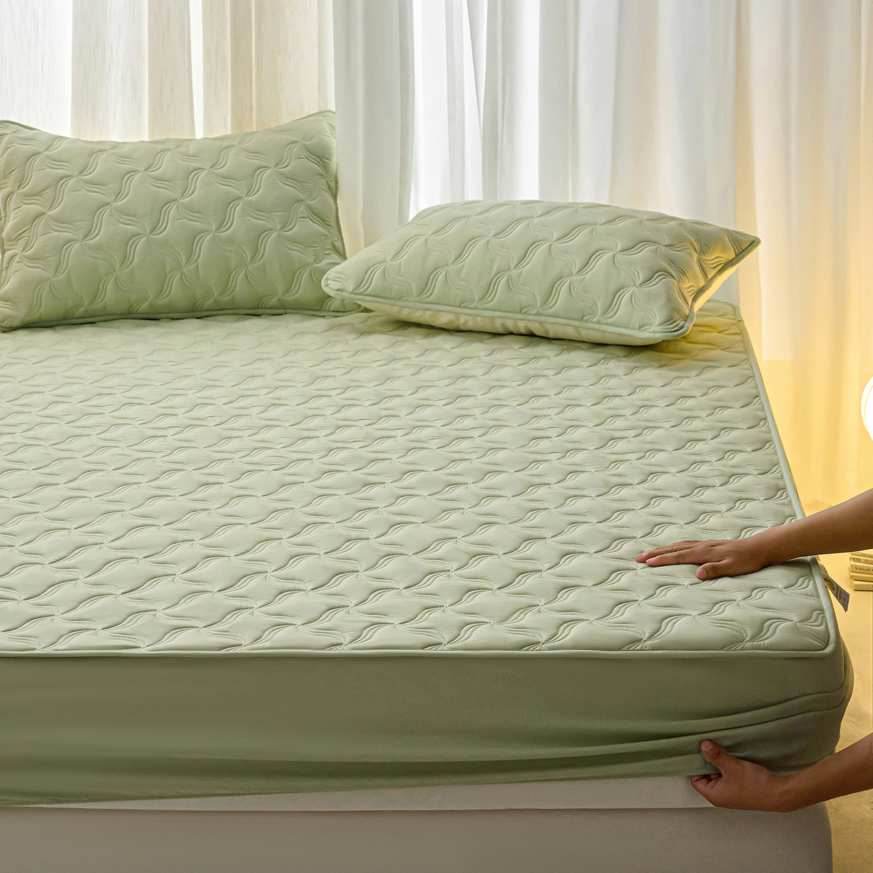 91家纺网 家纺一手货源 找家纺 小叮当家纺仓储工厂店 2025新款A类原棉大豆防水床笠单品床笠单件单床笠隔尿夹棉床笠床垫保护罩外贸跨境 爱恋-草绿