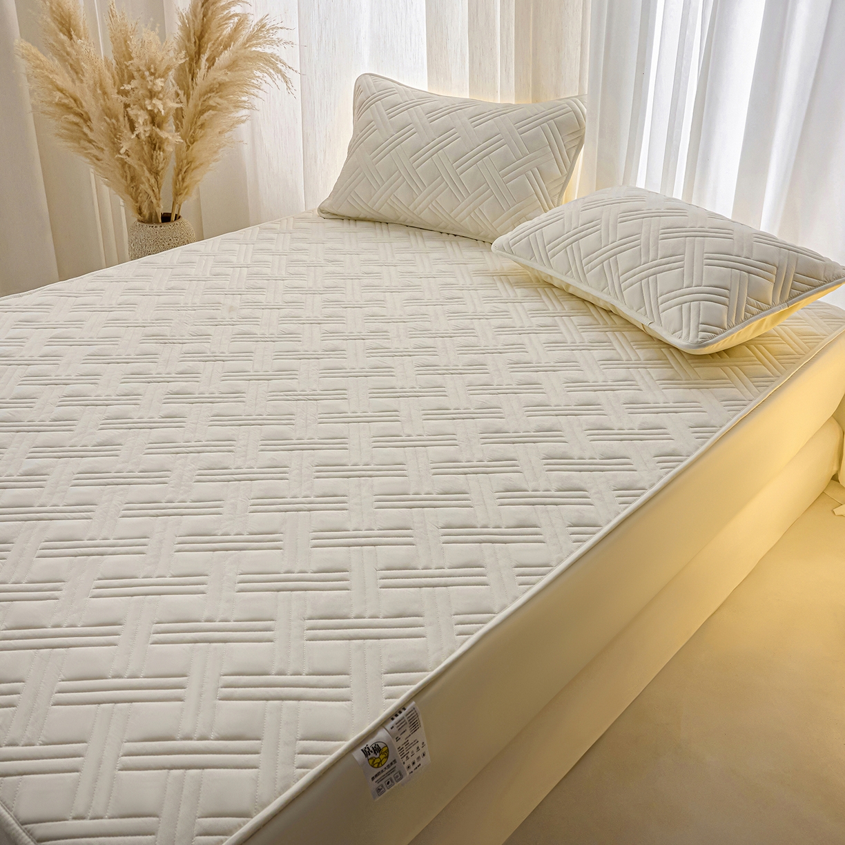 91家纺网 家纺一手货源 找家纺 小叮当家纺仓储工厂店 2025新款A类原棉大豆防水床笠单品床笠单件单床笠隔尿夹棉床笠床垫保护罩外贸跨境 迷宫-米白