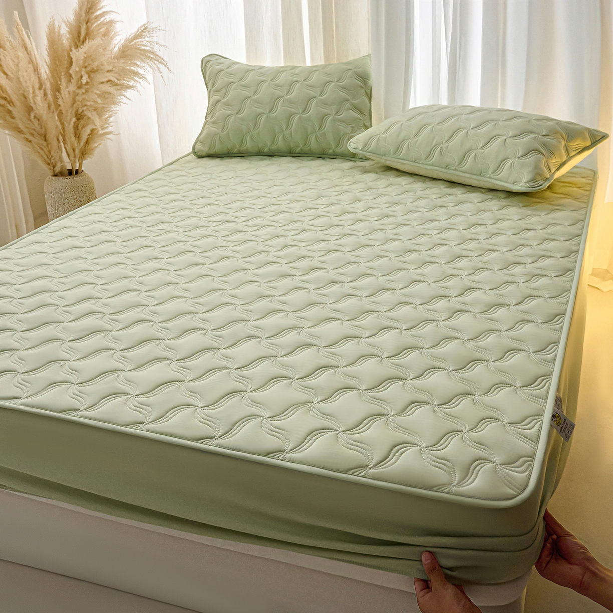 91家纺网 家纺一手货源 找家纺 小叮当家纺仓储工厂店 2025新款A类原棉大豆防水床笠单品床笠单件单床笠隔尿夹棉床笠床垫保护罩外贸跨境 爱恋-草绿