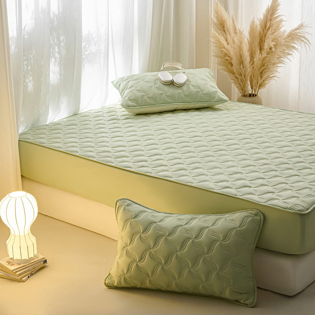 91家纺网 家纺一手货源 找家纺 小叮当家纺仓储工厂店 2025新款A类原棉大豆防水床笠单品床笠单件单床笠隔尿夹棉床笠床垫保护罩外贸跨境 爱恋-草绿