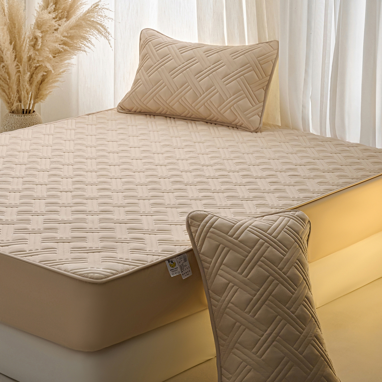 91家纺网 家纺一手货源 找家纺 小叮当家纺仓储工厂店 2025新款A类原棉大豆防水床笠单品床笠单件单床笠隔尿夹棉床笠床垫保护罩外贸跨境 迷宫-卡其