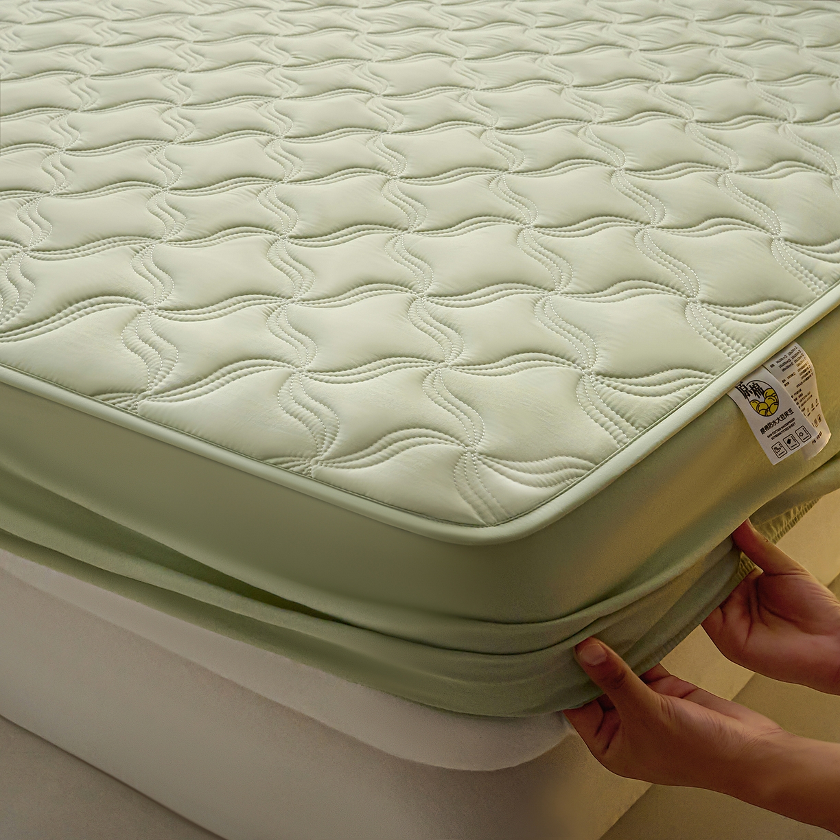 91家纺网 家纺一手货源 找家纺 小叮当家纺仓储工厂店 2025新款A类原棉大豆防水床笠单品床笠单件单床笠隔尿夹棉床笠床垫保护罩外贸跨境 爱恋-草绿