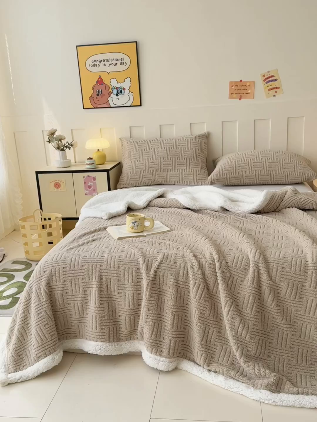 91家纺网 家纺一手货源 找家纺 牛魔王家居 2025新款华夫格提花双面绒毛毯羊羔绒毯子外贸跨境专供 毛毯 绒毯系列-卡其色