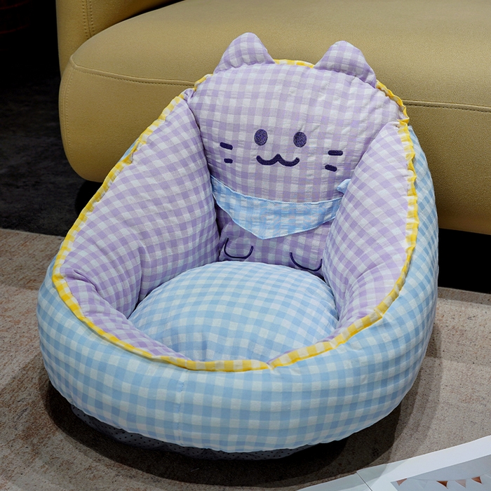 91家纺网 家纺一手货源 找家纺 仟亿莱 2025新款三维立体PP棉方巾喵格子蒲团坐垫 蒲团紫格喵