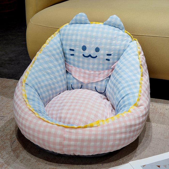 91家纺网 家纺一手货源 找家纺 仟亿莱 2025新款三维立体PP棉方巾喵格子蒲团坐垫 蒲团蓝格喵