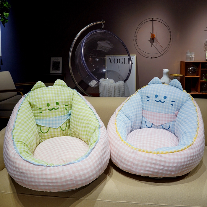 91家纺网 家纺一手货源 找家纺 仟亿莱 2025新款三维立体PP棉方巾喵格子蒲团坐垫 蒲团绿格喵