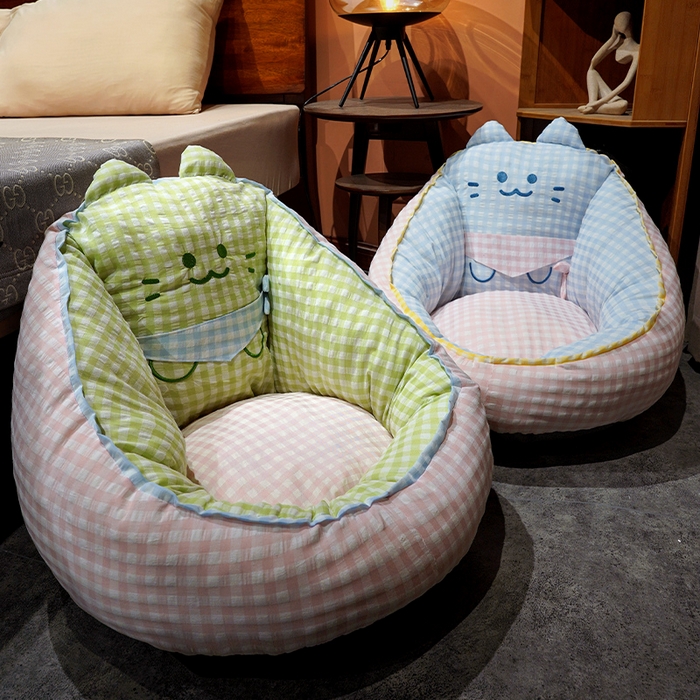 91家纺网 家纺一手货源 找家纺 仟亿莱 2025新款三维立体PP棉方巾喵格子蒲团坐垫 蒲团绿格喵