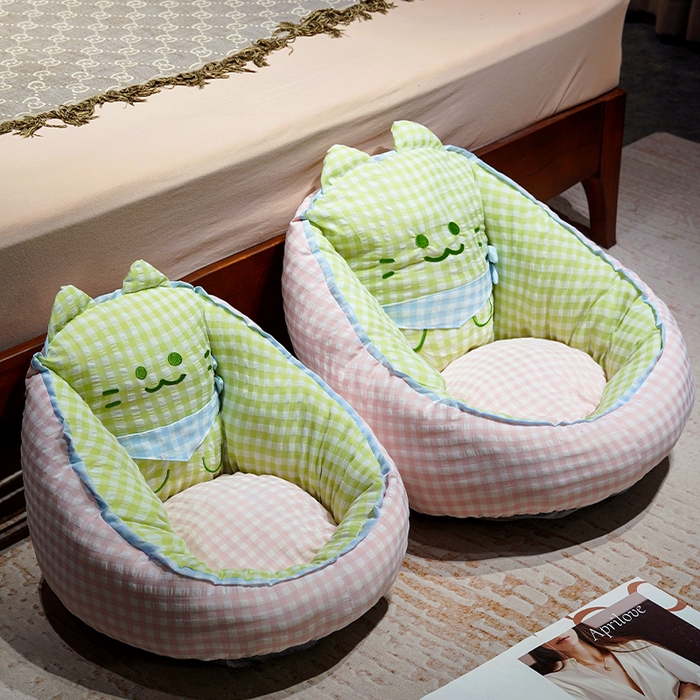 91家纺网 家纺一手货源 找家纺 仟亿莱 2025新款三维立体PP棉方巾喵格子蒲团坐垫 蒲团绿格喵