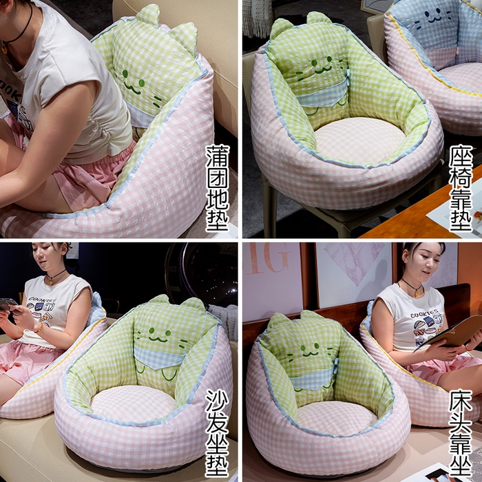 91家纺网 家纺一手货源 找家纺 仟亿莱 2025新款三维立体PP棉方巾喵格子蒲团坐垫 蒲团绿格喵