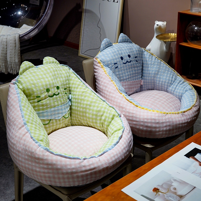 91家纺网 家纺一手货源 找家纺 仟亿莱 2025新款三维立体PP棉方巾喵格子蒲团坐垫 蒲团蓝格喵