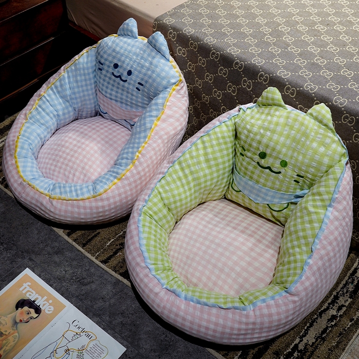 91家纺网 家纺一手货源 找家纺 仟亿莱 2025新款三维立体PP棉方巾喵格子蒲团坐垫 蒲团蓝格喵