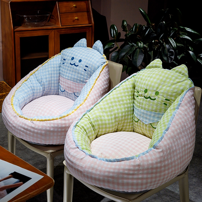 91家纺网 家纺一手货源 找家纺 仟亿莱 2025新款三维立体PP棉方巾喵格子蒲团坐垫 蒲团蓝格喵