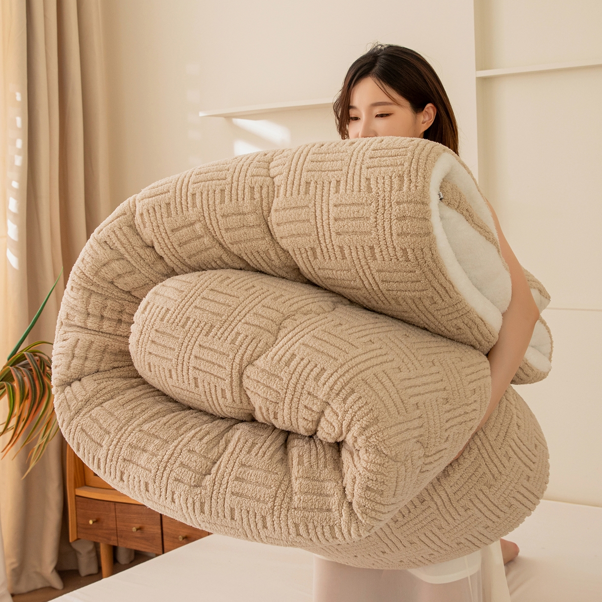 牛魔王家居 2025新款加厚保暖羊羔绒冬被被子舒棉绒提花塔芙绒外贸跨境专供 暖冬系列-卡其