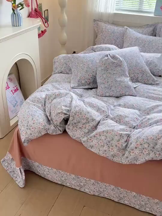 91家纺网 家纺一手货源 找家纺 梦莱斯 2025新款韩国小布袋古法云感棉四件套 蓝音庭