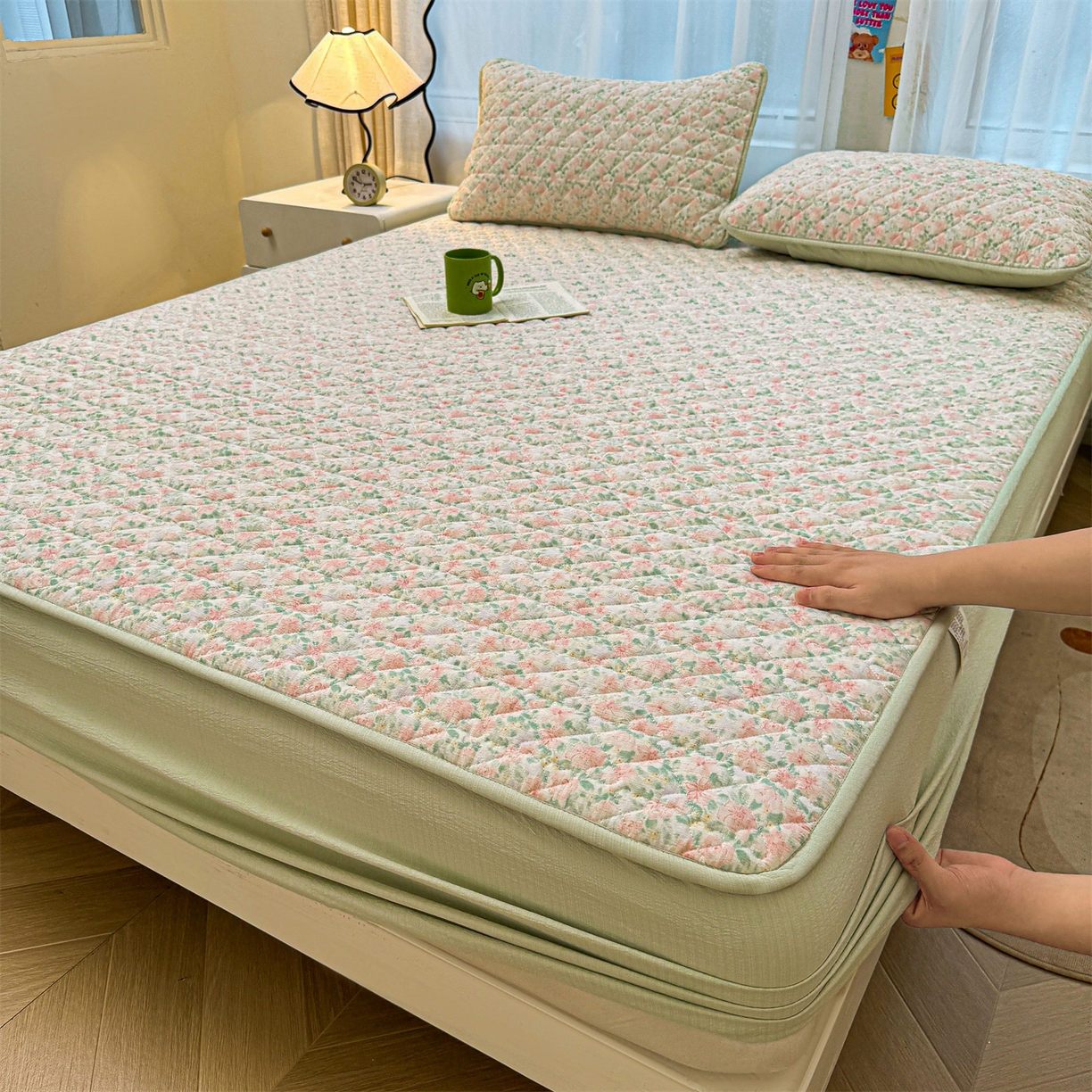 雯豆家纺 2025新款复古风皱皱棉印花夹棉床笠三件套加厚床垫保护套 爱尔蓝