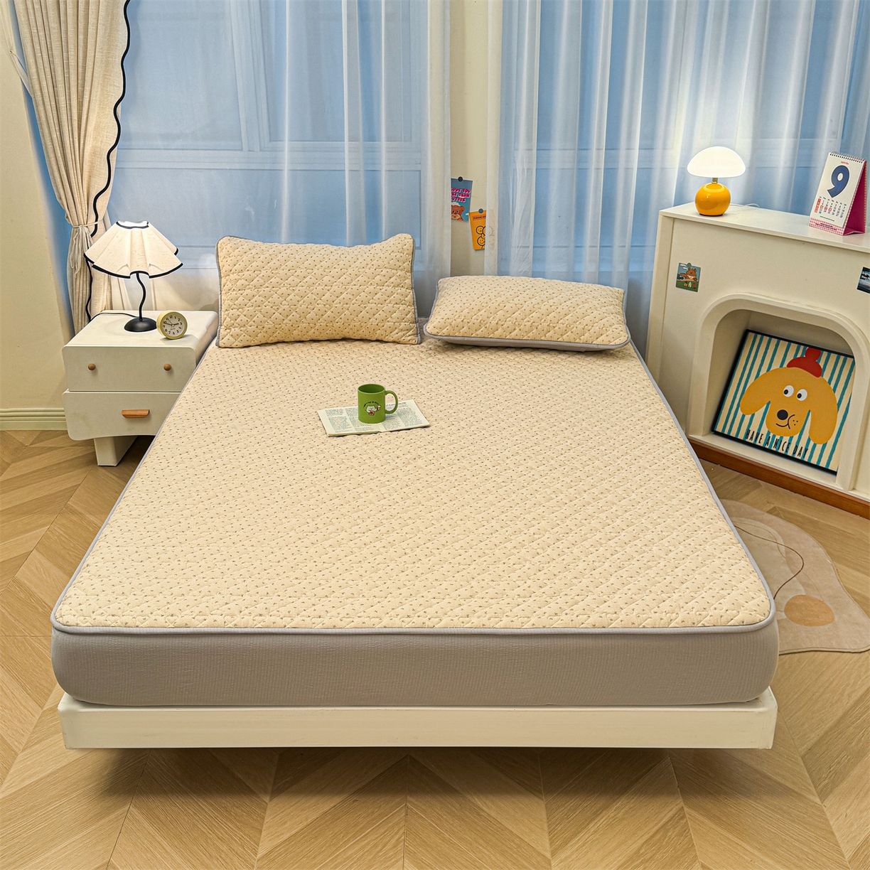 91家纺网 家纺一手货源 找家纺 雯豆家纺 2025新款复古风皱皱棉印花夹棉床笠三件套加厚床垫保护套 初心